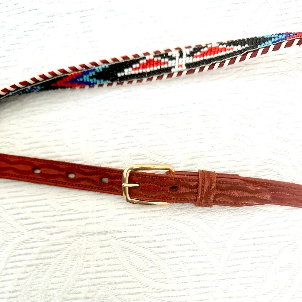 Vintage Brown Leather Belt with Multicolor Beadwork